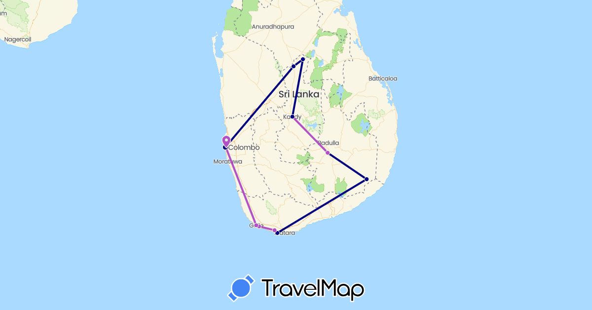 TravelMap itinerary: driving, train in Sri Lanka (Asia)
